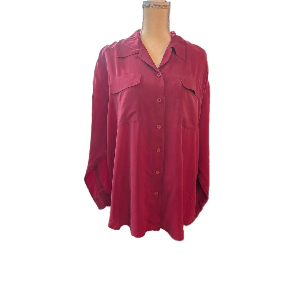 Christie & Jill Women Blouse Size‎ XL Red 100 Silk Vintage Button Up Long Sleeve
